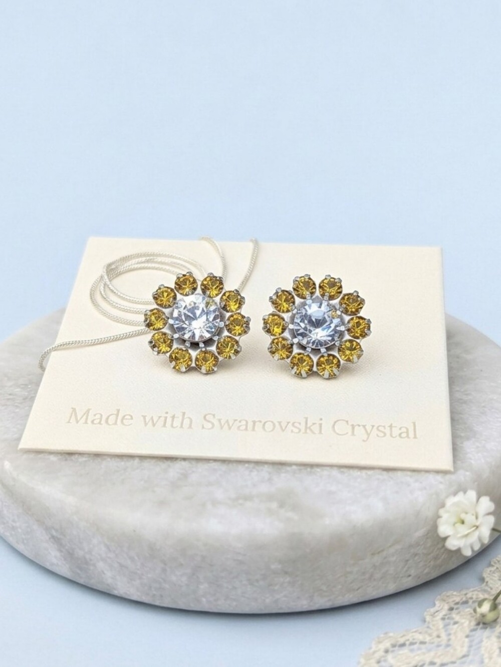 Swarovski Crystal Citrine Brandy Floral Stud Earrings Vintage 90s Silver